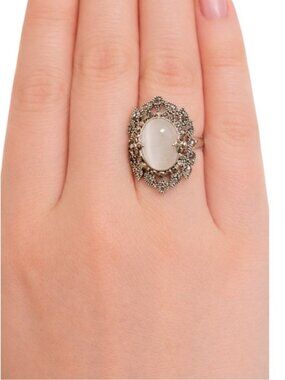 Opal Manmade Silver Filigree Ring - Size 9